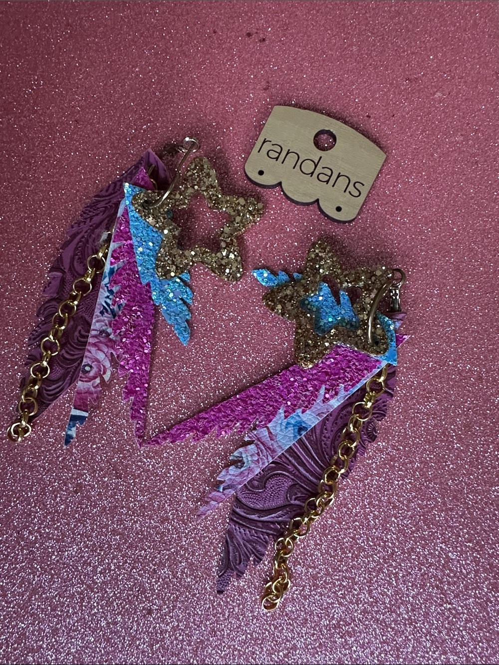 Randans Purple Glitter Star Fringe Earrings